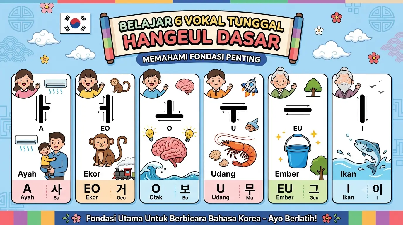 Lesson 2: Vokal Dasar (ㅏ, ㅓ, ㅗ, ㅜ, ㅡ, ㅣ)